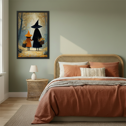 Unframed two witches in forest canvas wall art with golden trees displayed between potted plants.