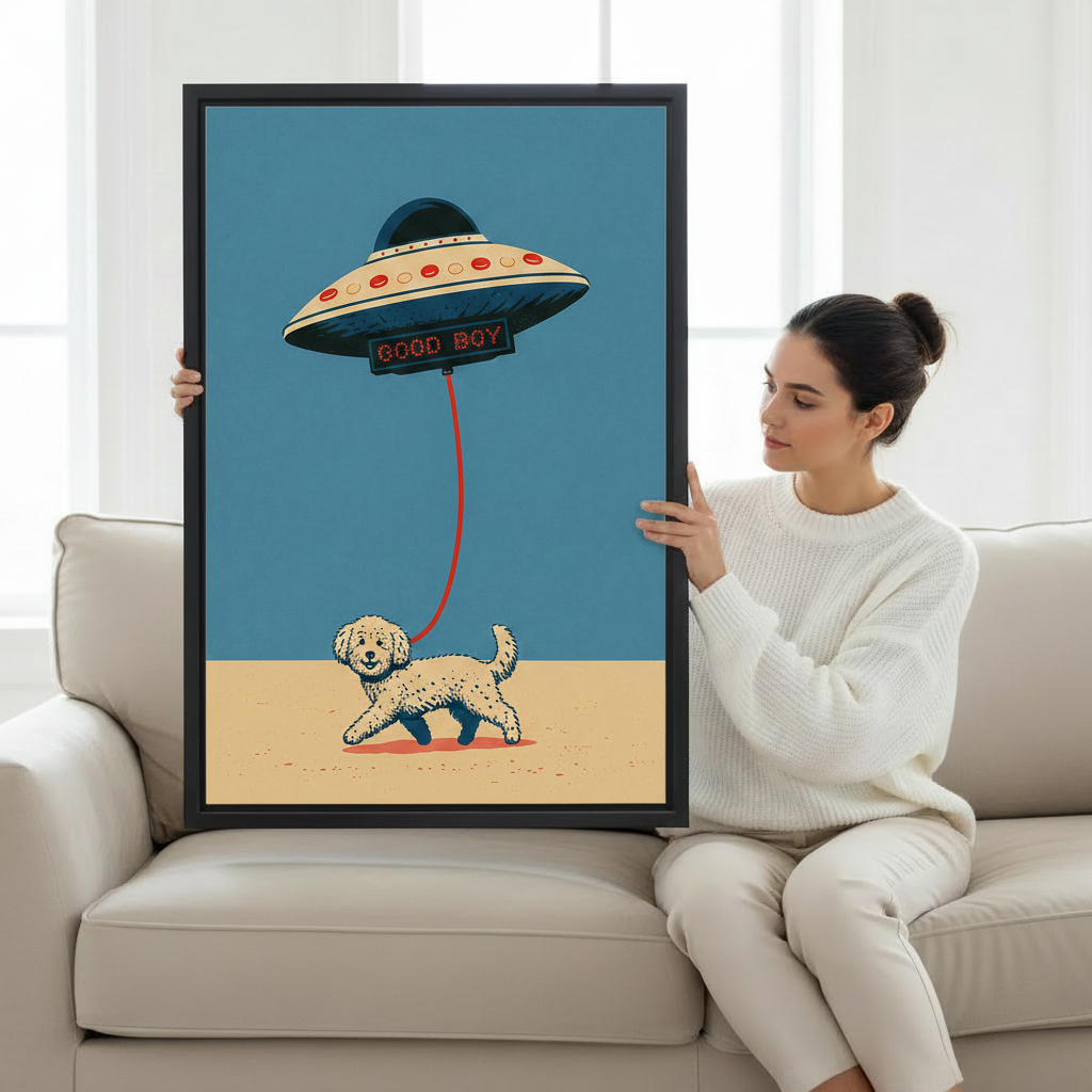 Woman holding UFO dog retro framed canvas print for wall decor display