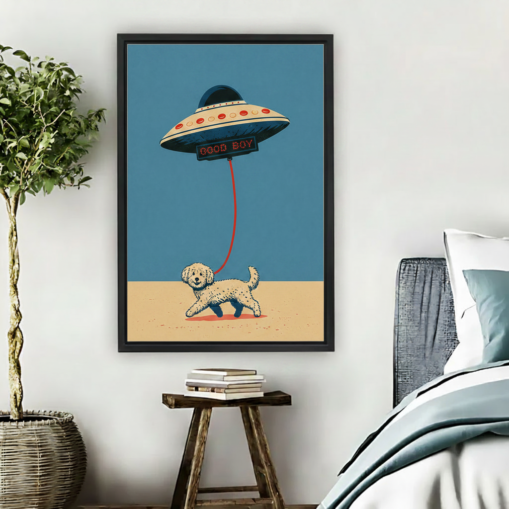 UFO dog walk retro framed canvas wall art hanging in cozy bedroom
