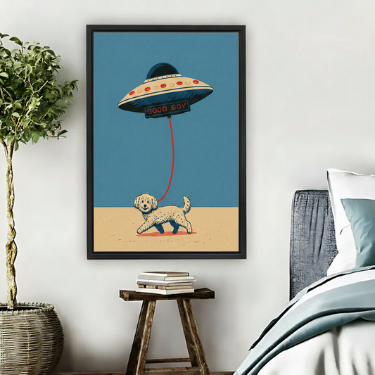 UFO dog walk retro framed canvas wall art hanging in cozy bedroom