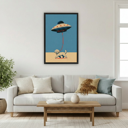 UFO good boy dog retro poster framed canvas print above living room sofa