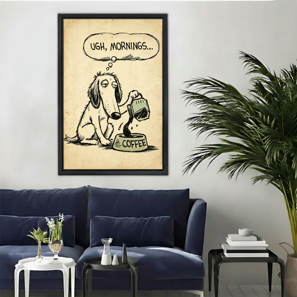 Funny dog coffee canvas wall art black framed hanging above navy blue sofa in contemporary living room