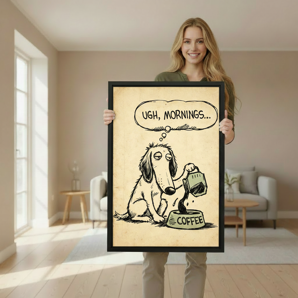 Woman holding large black framed ugh mornings dog coffee canvas wall art in bright modern living room