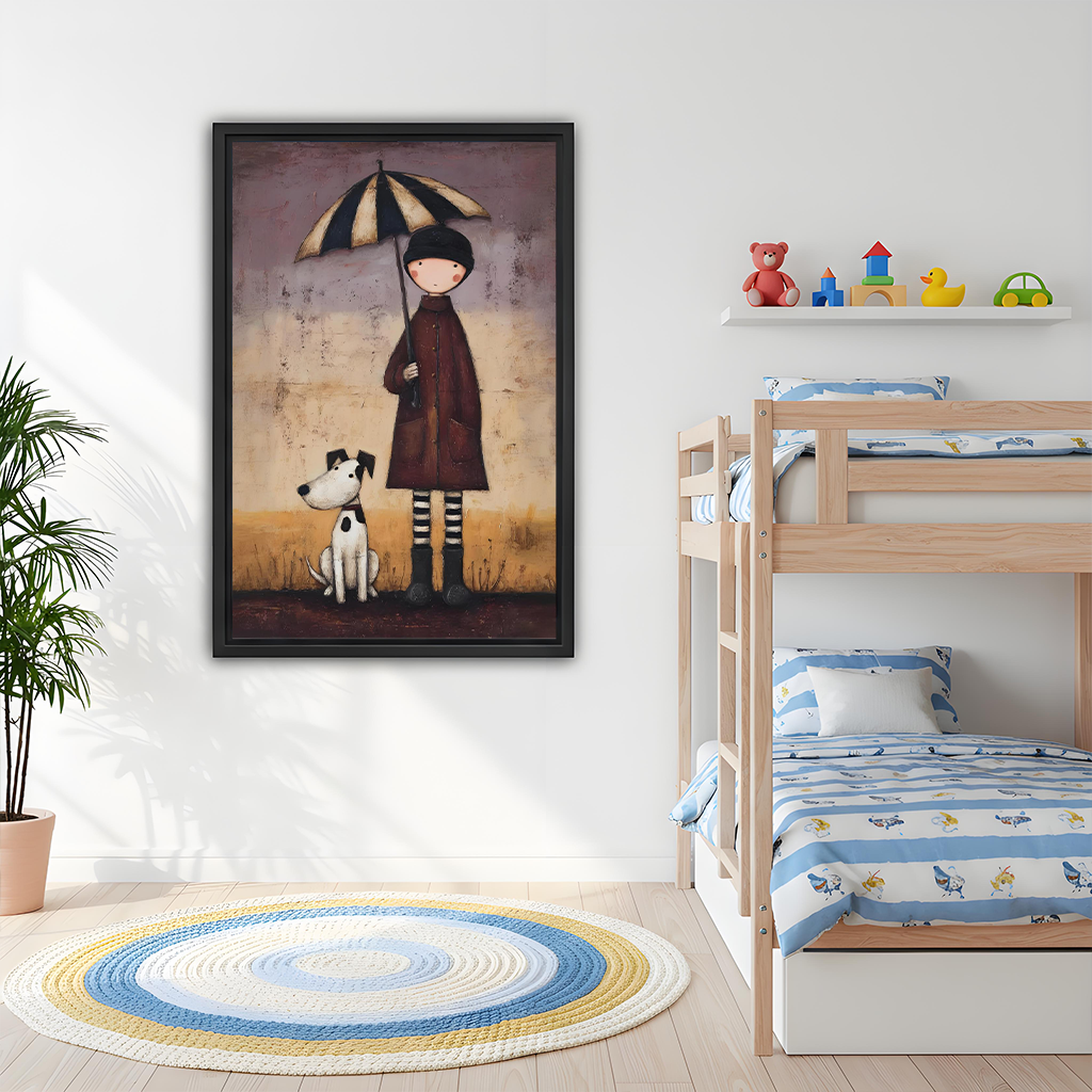 Black-framed umbrella child and dog canvas wall art above a dining table, showing a child beside a seated dog.