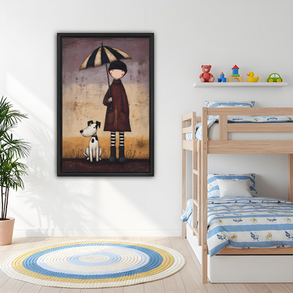 Black-framed umbrella child and dog canvas wall art above a dining table, showing a child beside a seated dog.