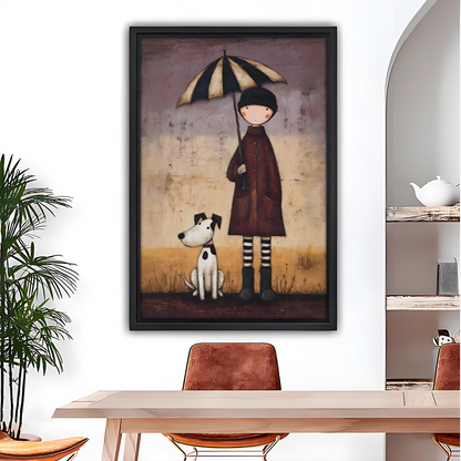 Woman holding black-framed umbrella child and dog canvas wall art, featuring a burgundy coat and striped stockings.