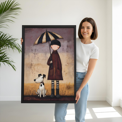 Gallery-wrap umbrella child and dog canvas wall art above a dining table, with muted plum and ochre tones.