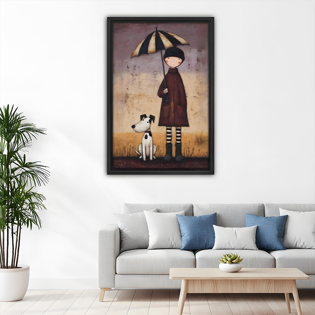 Umbrella child and dog canvas wall art in a black frame above a gray sofa with blue cushions.