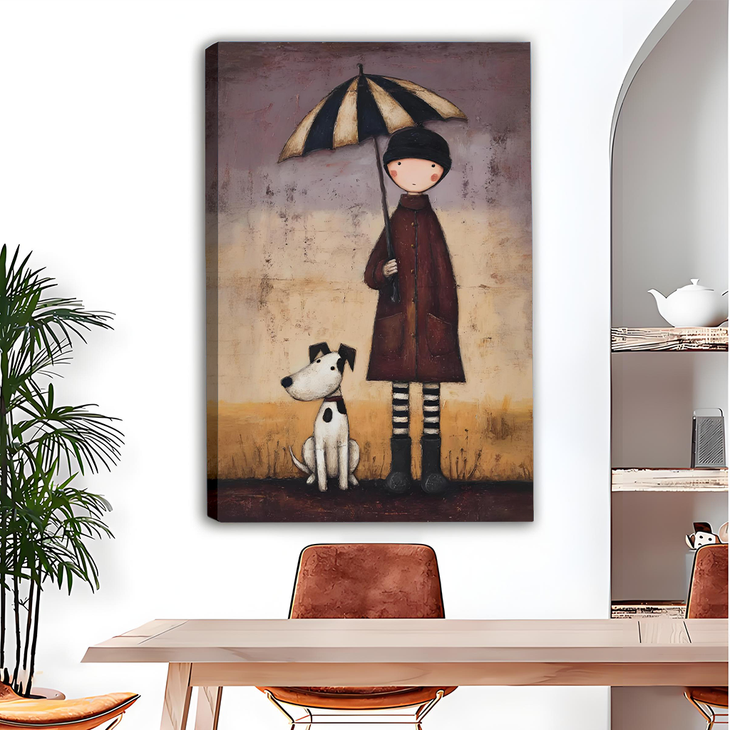 Whimsical umbrella child and dog canvas wall art in a black frame displayed beside wooden bunk beds.