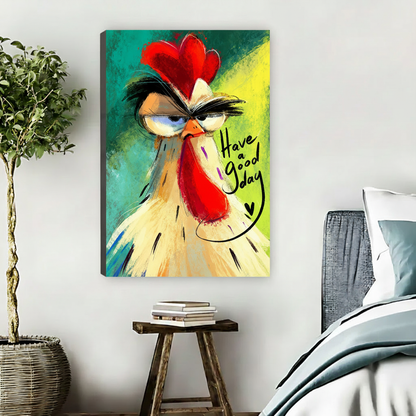 Unframed colorful rooster canvas wall art displayed above a side table in a bright bedroom