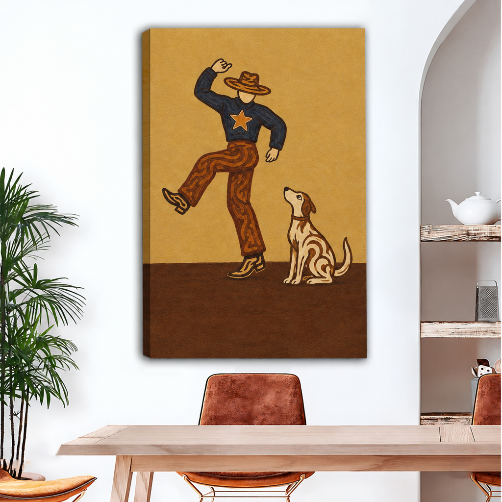 Unframed cowboy and dog canvas wall art displayed above a dining table