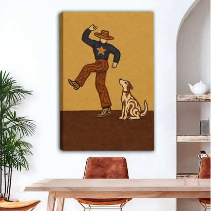 Unframed cowboy and dog canvas wall art displayed above a dining table