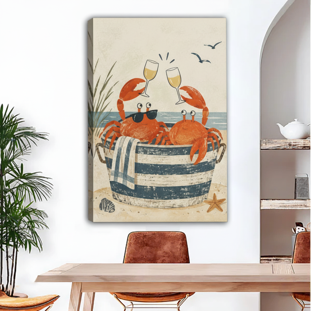 Unframed crab coastal canvas wall art hanging above a dining table with a seaside interior