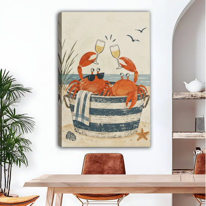 Unframed crab coastal canvas wall art hanging above a dining table with a seaside interior