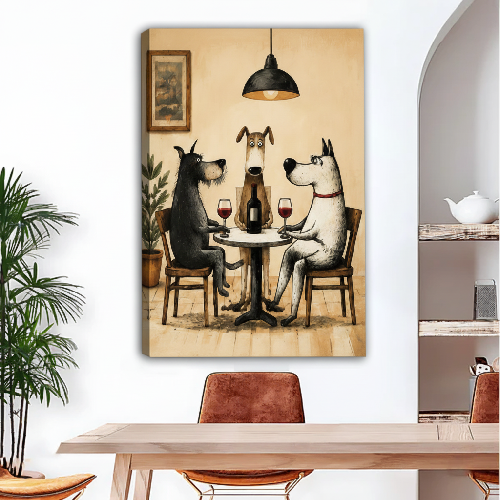 Unframed dog dinner canvas wall art hanging above a dining table in a warm interior