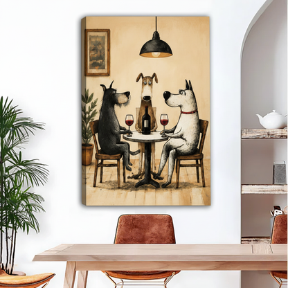 Unframed dog dinner canvas wall art hanging above a dining table in a warm interior