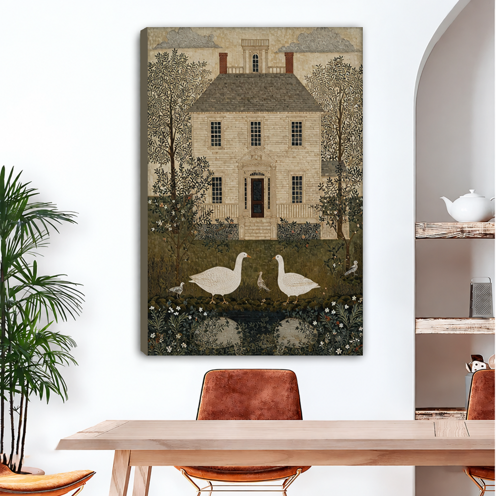 Unframed goose house canvas wall art showing two white geese outside a country house, displayed above a dining table.