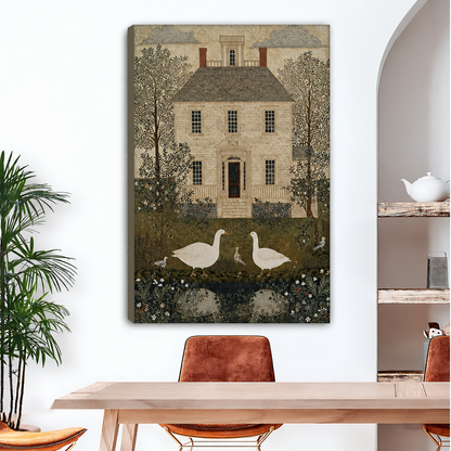 Unframed goose house canvas wall art showing two white geese outside a country house, displayed above a dining table.