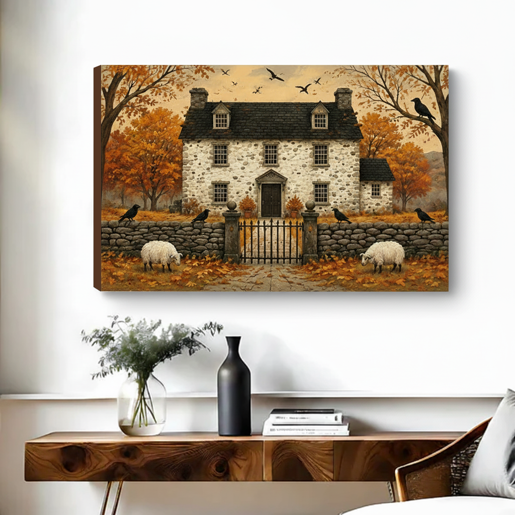 Unframed gothic autumn manor house canvas wall art displayed above a wooden console table