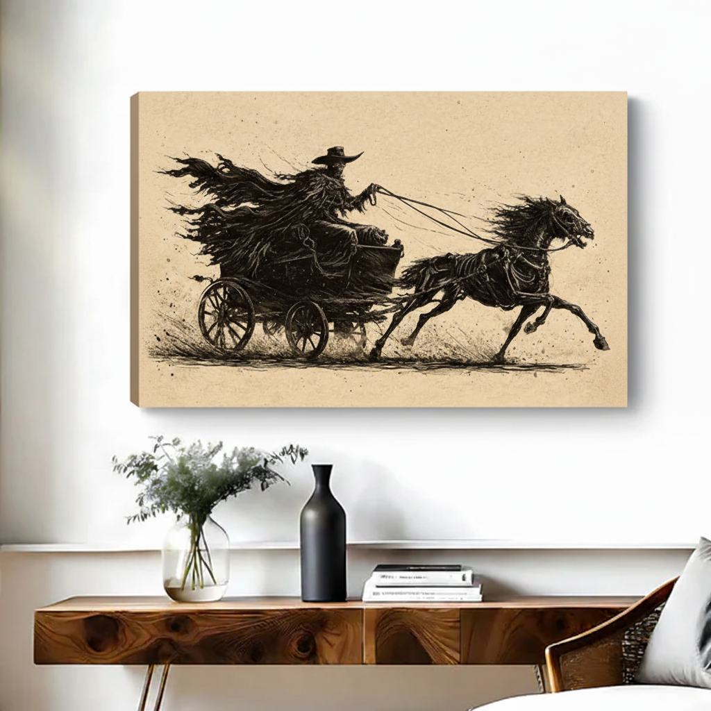 Unframed gothic grim reaper carriage canvas wall art displayed above a wooden console table in a bright room