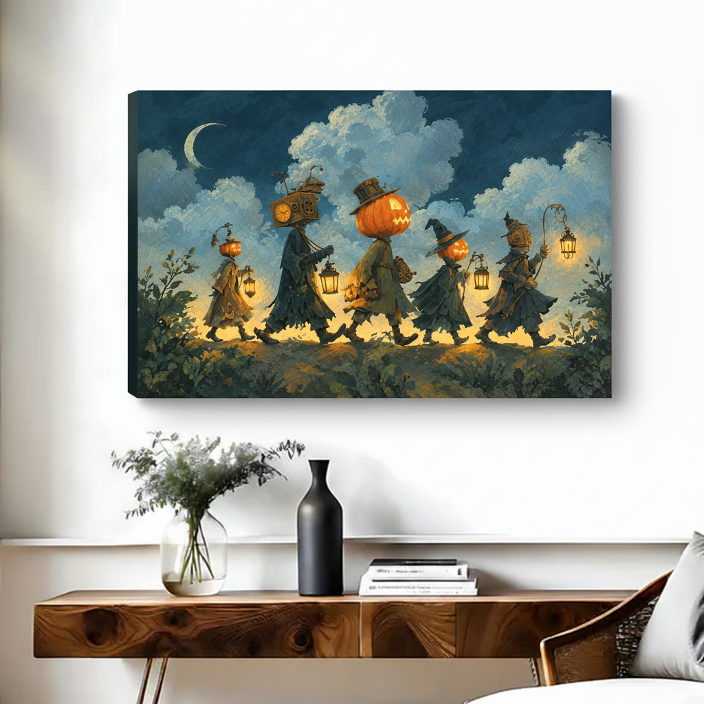 Unframed gothic Halloween witch parade canvas wall art displayed above a wooden console table