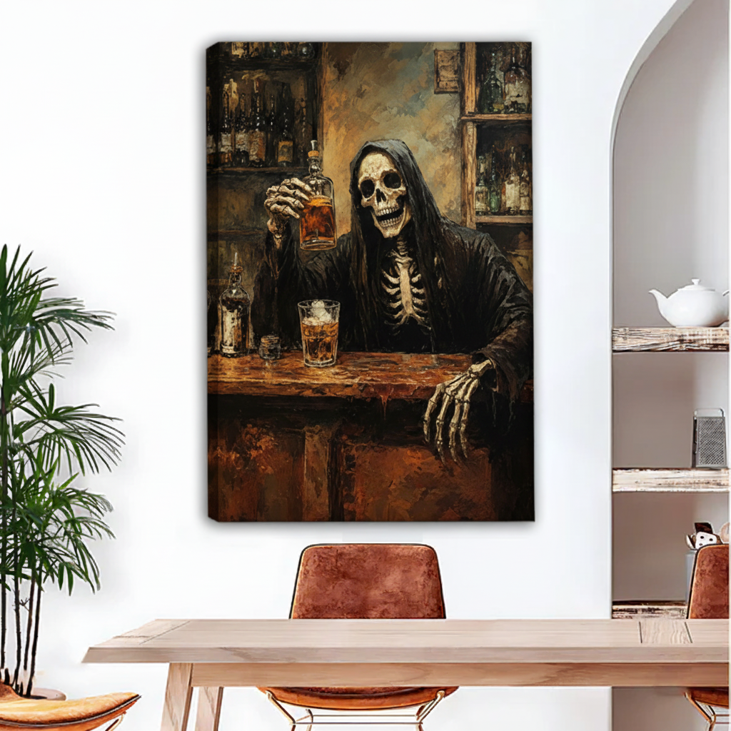 Unframed gothic skeleton bartender canvas wall art displayed above a dining table in a modern home