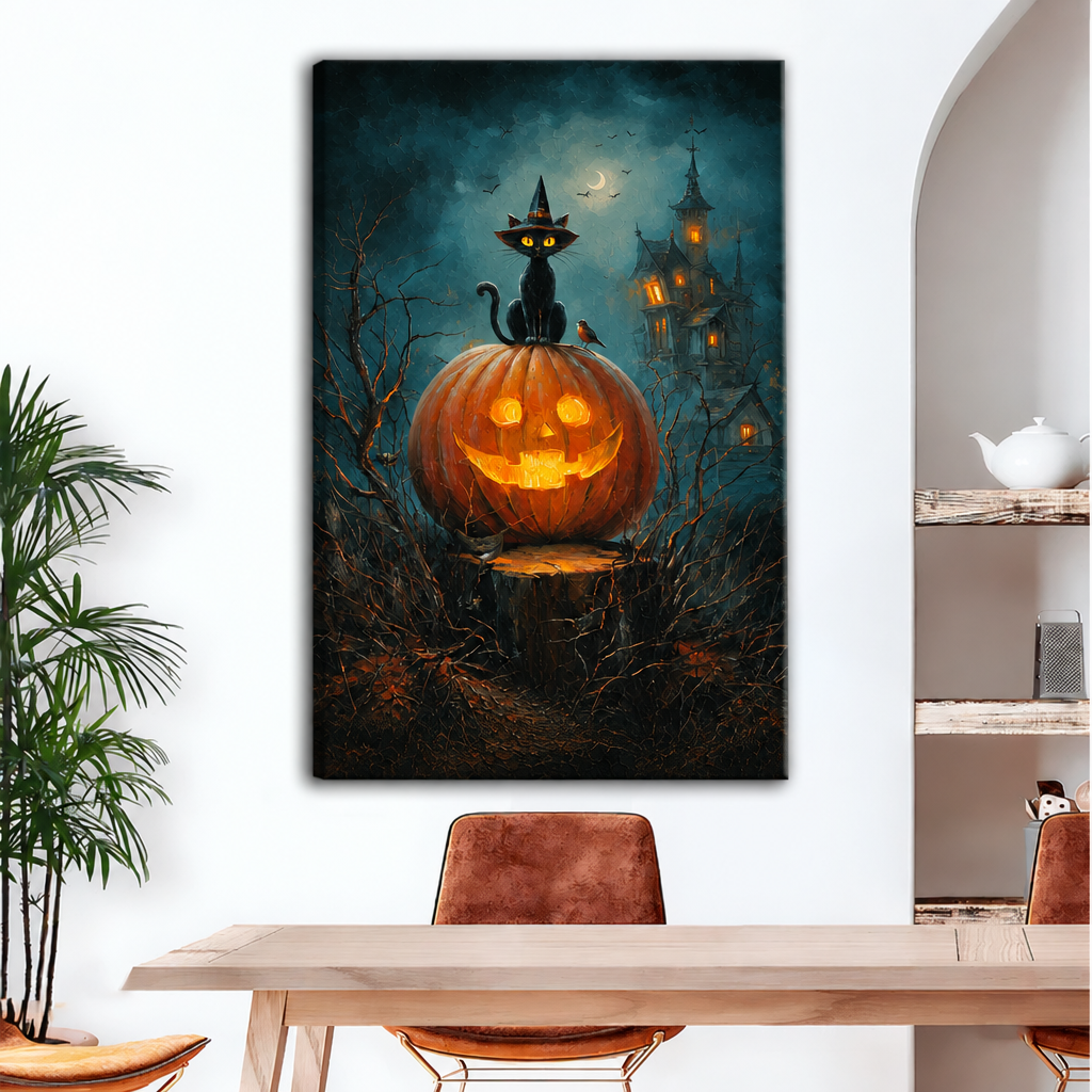 Unframed Halloween black cat canvas wall art with a glowing pumpkin and moonlit house above a dining table.