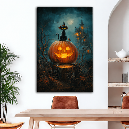 Unframed Halloween black cat canvas wall art with a glowing pumpkin and moonlit house above a dining table.
