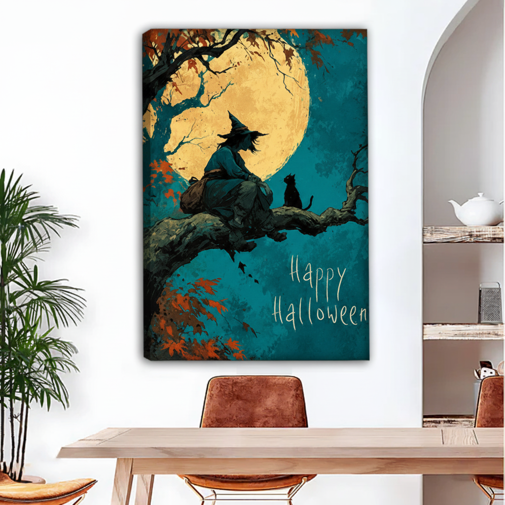 Unframed Halloween witch canvas wall art displayed above a dining table in a contemporary home