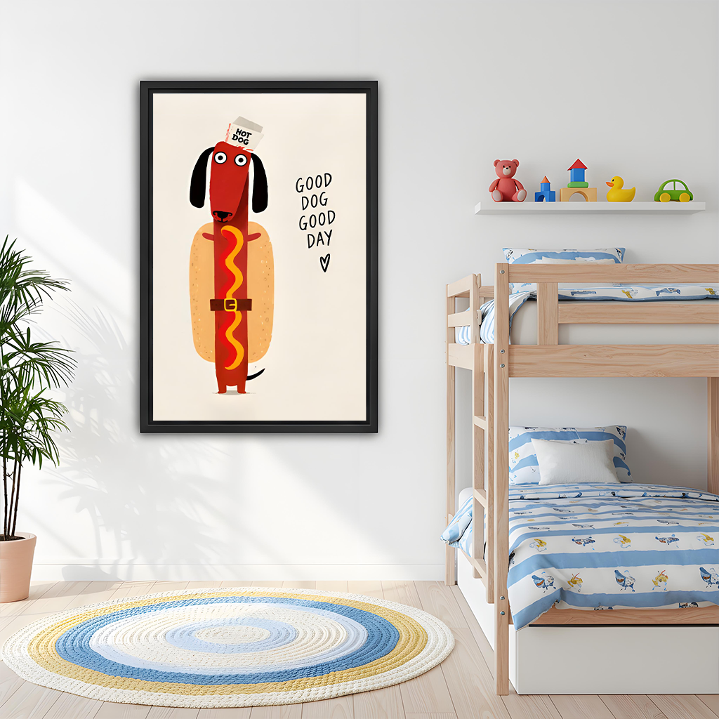 Unframed hot dog dachshund canvas wall art displayed above a wooden console with a lantern.