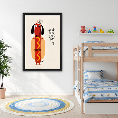 Unframed hot dog dachshund canvas wall art displayed above a wooden console with a lantern.