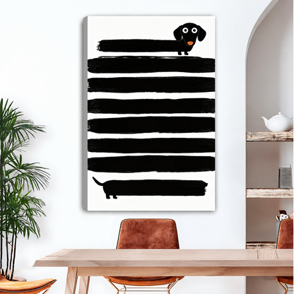 Unframed minimalist dachshund canvas wall art with a playful black dog displayed above a dining table