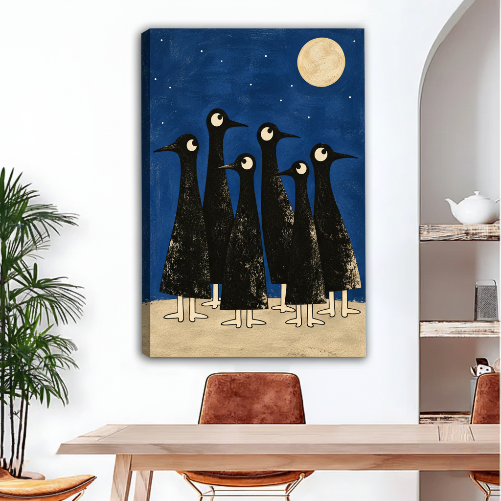Unframed moonlit crow canvas wall art displayed in a bright dining room with tropical greenery