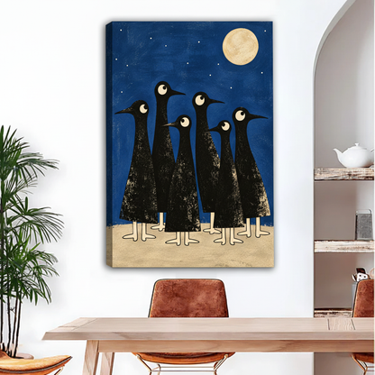 Unframed moonlit crow canvas wall art displayed in a bright dining room with tropical greenery