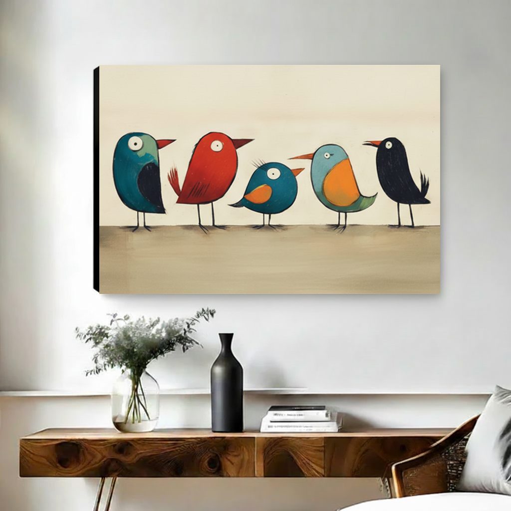 Unframed playful colorful bird canvas wall art displayed above a wooden console table in a bright room