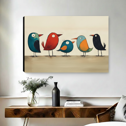 Unframed playful colorful bird canvas wall art displayed above a wooden console table in a bright room