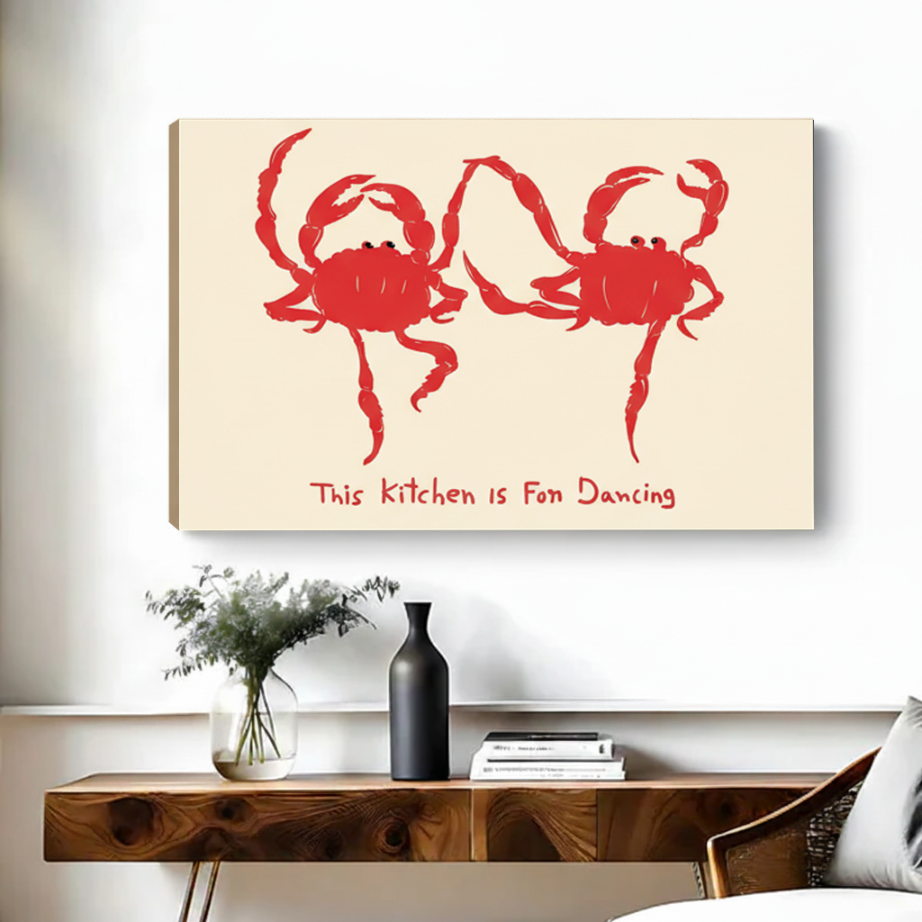 Unframed playful red crab kitchen canvas wall art displayed above a wooden console table