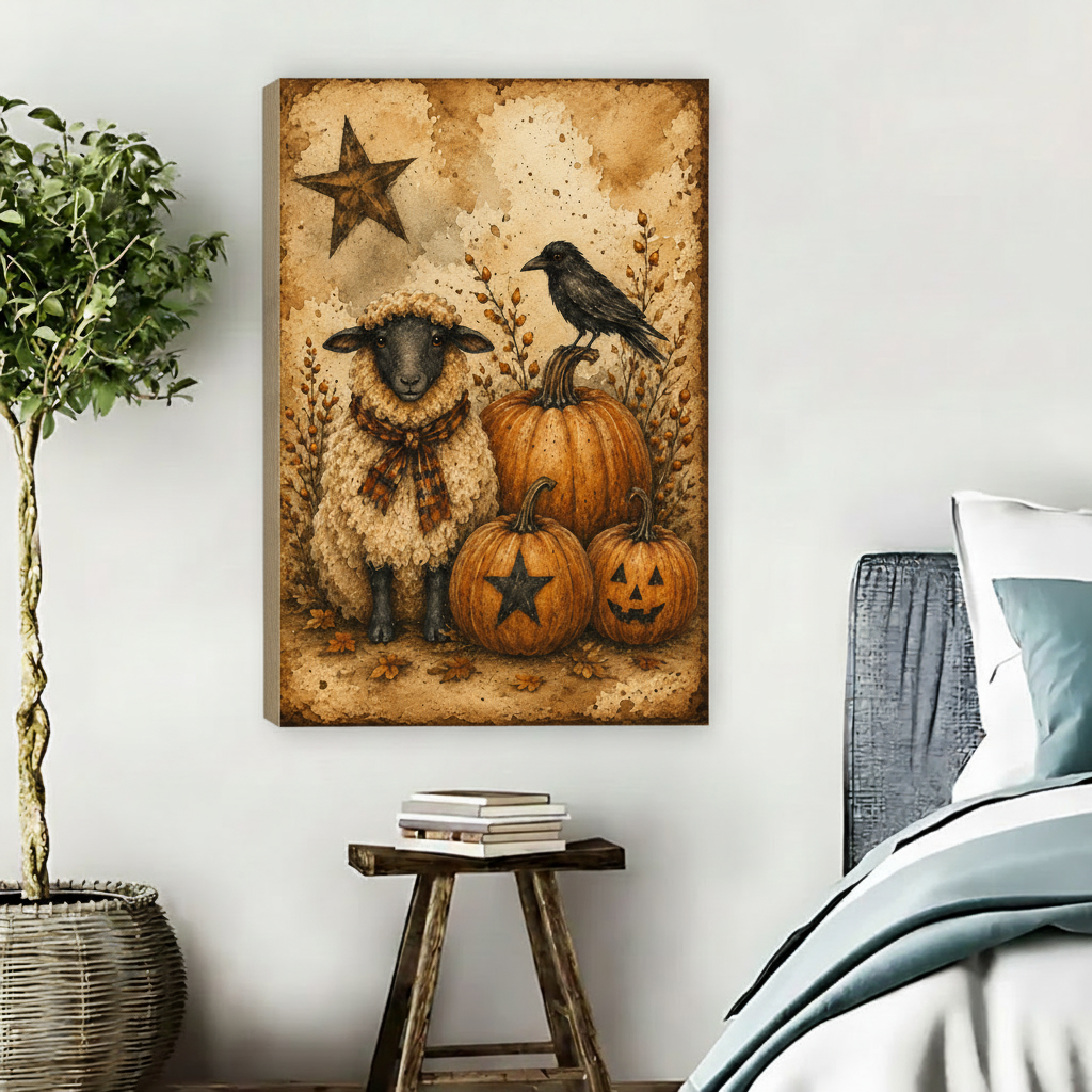 unframed-rustic-gothic-sheep-crow-halloween-canvas-wall-art-bedroom
