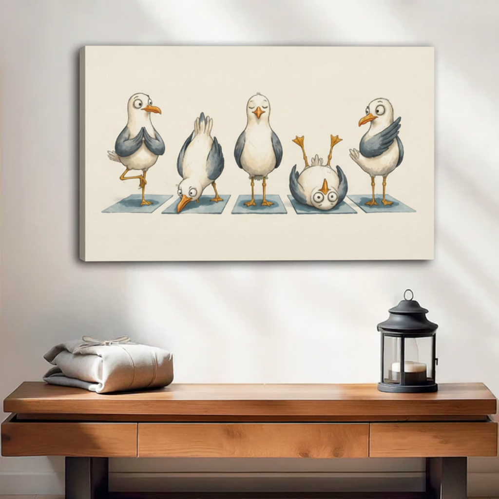 Unframed seagull yoga canvas wall art displayed above a wooden console with lantern decor