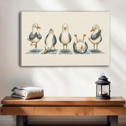 Unframed seagull yoga canvas wall art displayed above a wooden console with lantern decor