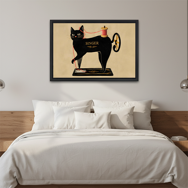 Unframed sewing cat canvas wall art displayed above a wooden console with a lantern.