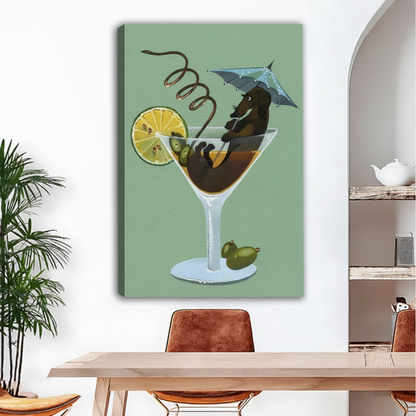 Unframed surreal dog cocktail canvas wall art hanging above a dining table in a bright interior