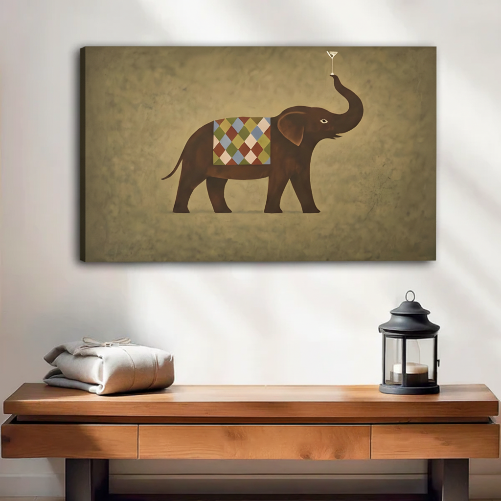 Unframed vintage elephant canvas wall art above a wooden console in a warm neutral room