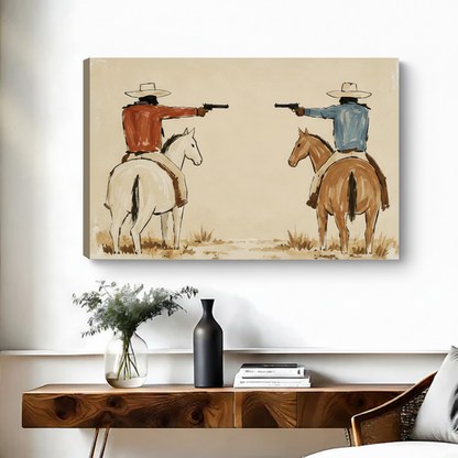 Unframed vintage western cowboy duel canvas wall art displayed above a warm wooden console table
