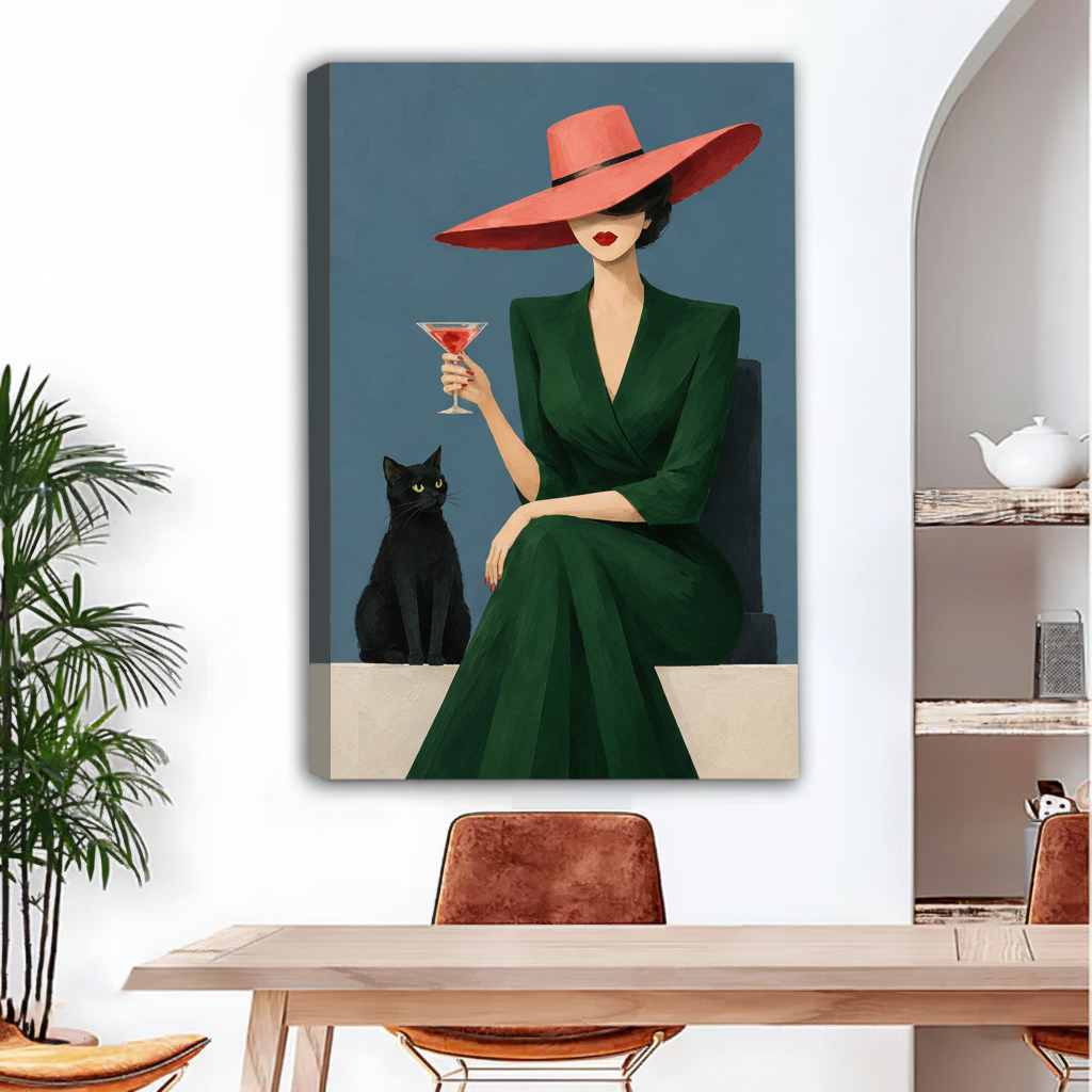 Unframed vintage woman and black cat canvas wall art displayed above a dining table