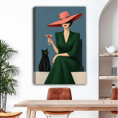 Unframed vintage woman and black cat canvas wall art displayed above a dining table