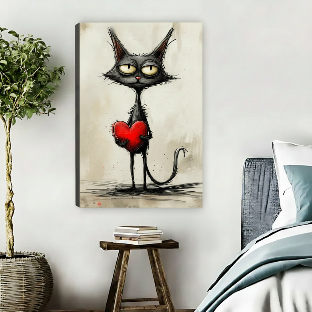 Unframed whimsical black cat love canvas wall art with red heart displayed beside a bed