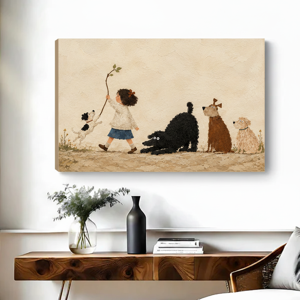 Unframed whimsical child and dogs canvas wall art displayed above a console table in a bright room