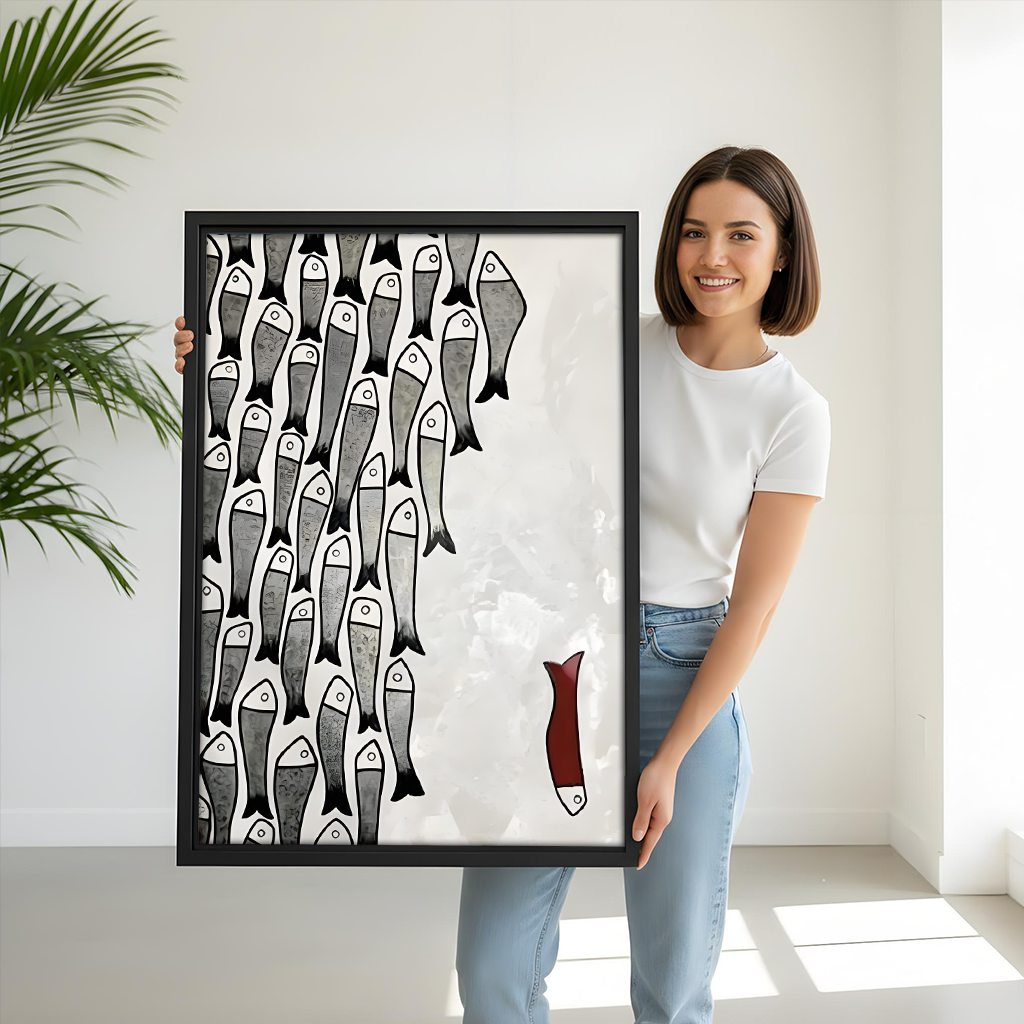 Lifestyle photo of minimalist fish school canvas art with lone red fish held by model