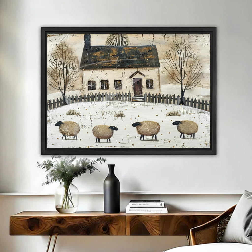 Textured primitive painting of four black-faced sheep in snow before white farmhouse with bare trees and picket fence framed canvas above walnut console table